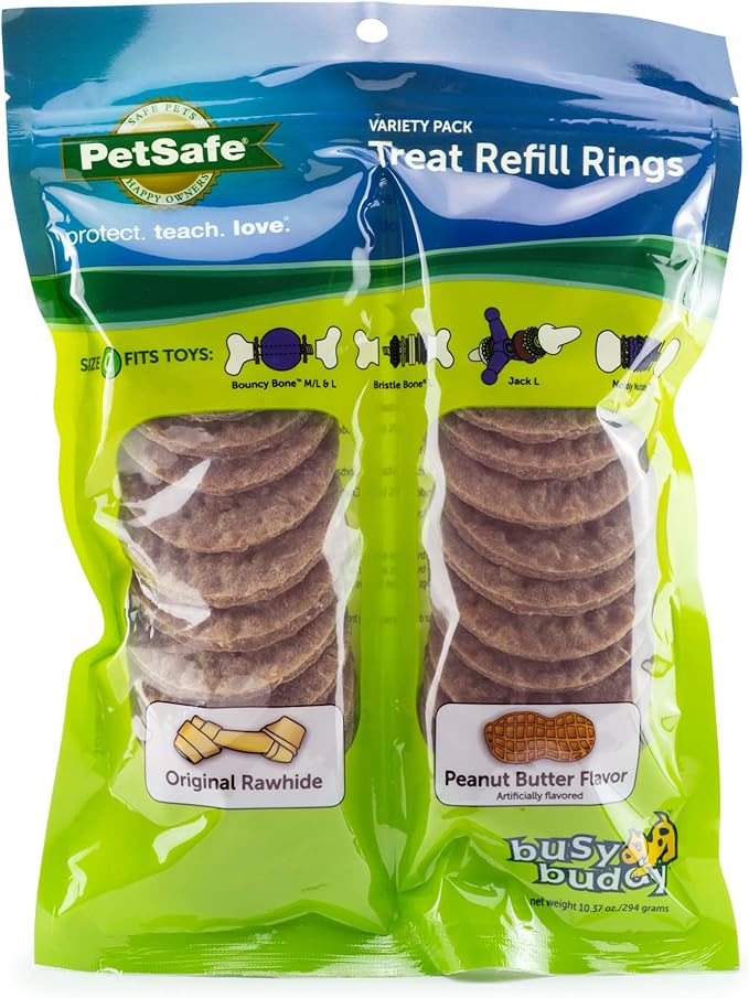 PetSafe® Rawhide Treat Ring Refills, Variety Pack, Size C, Original Rawhide and Peanut Butter Flavor, Replacement Treats Busy Buddy Treat Ring Holding Toys