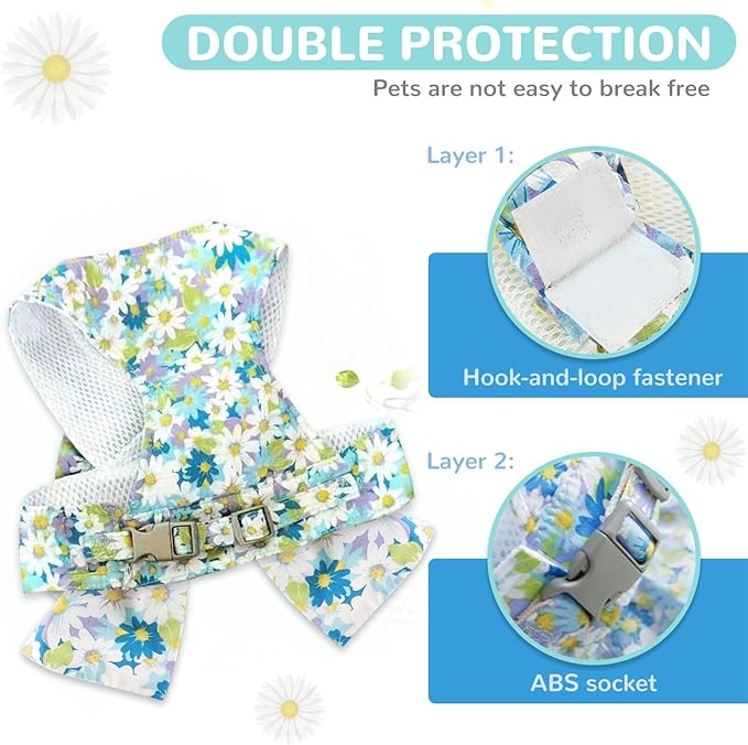 BAEJMJK Dog Harness and Leash Set with Bow Knot No Pull Pet Daisy Floral Harness with D-Ring Soft Mesh Dog Harness Vest Set Escape Proof Princess Puppy Harness for Small Girl Dogs Cats（Blue A XS）