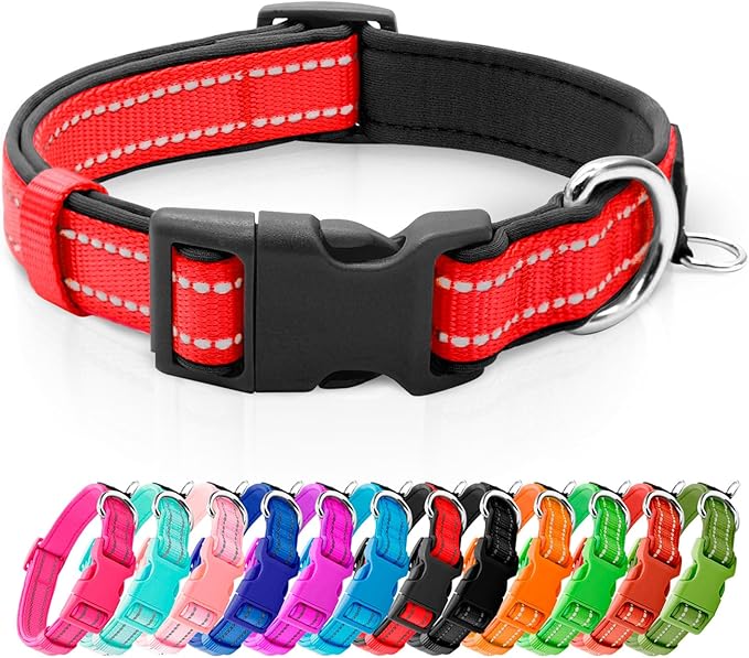 azuza Reflective Dog Collar,Soft Neoprene Padded Pet Collar with ID Tag Ring,Adjustable for Large Dogs,Red,L