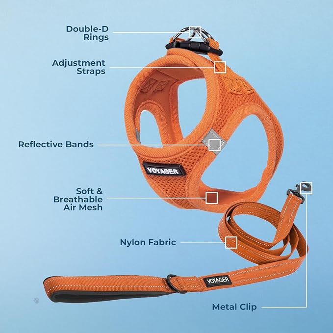 Voyager Step-in Air All Weather Mesh Harness and Reflective Dog 5 ft Leash Combo with Neoprene Handle, for Small, Medium and Large Breed Puppies by Best Pet Supplies - Harness Leash Set (Orange), M