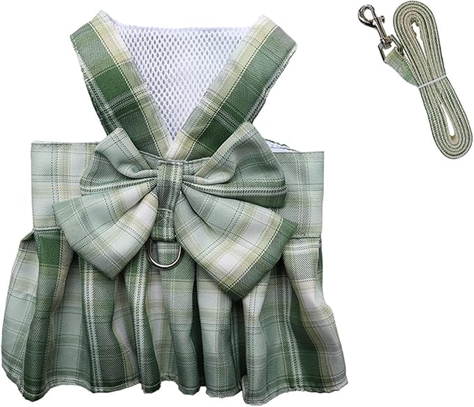 Dog Harness and Leash Set, Cute Bow Tie Plaid Harnesses for Puppy Cat, Adjustable Pet Kitties Vest, Breathable Harness Traction Rope for Boy Girl Small Animal(Skirt Green,M for 5.5-8.8lbs Dog)