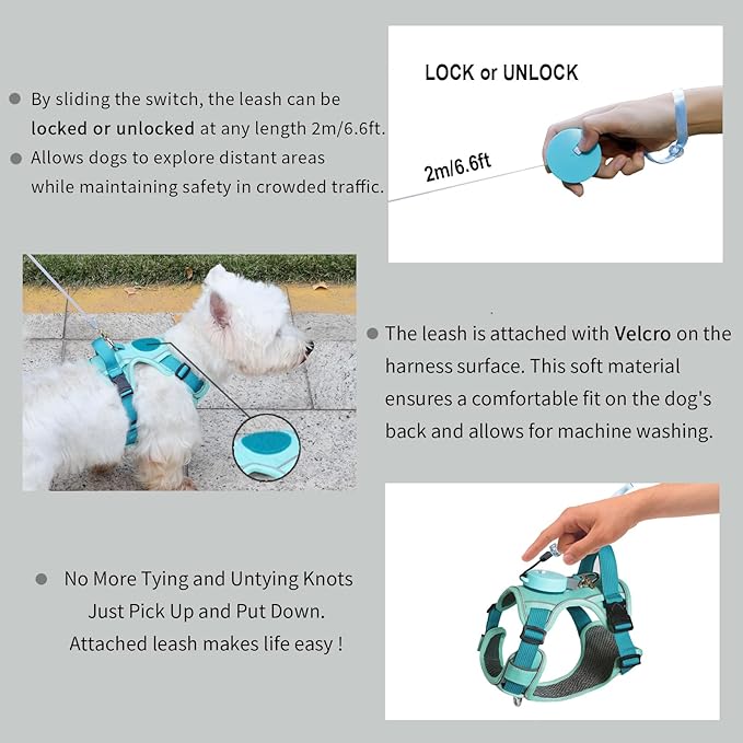 Dog Harness for Small Dogs up to 16lbs, 3-in-1 No Pull Lightweight Harness with 6.6ft Retractable,Wearable Leash Set,Front Clip,Handle,Reflective Dog Vest with Patch,Wrist Strap,Free Hand Leash-Blue
