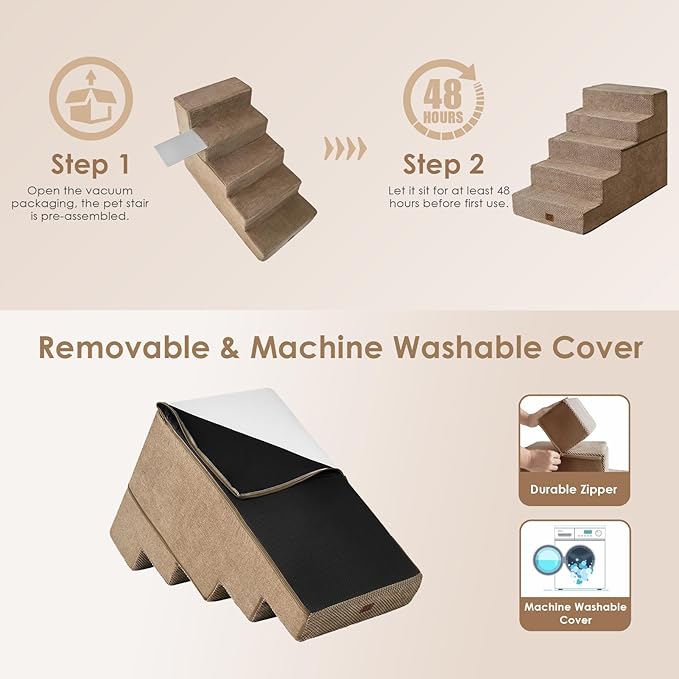EHEYCIGA Dog Stairs for High Bed 25”H, 5-Step Extra Wide Dog Steps for Bed, Pet Steps for Small Dogs and Cats, Non-Slip Balanced Dog Indoor Ramp, Camel