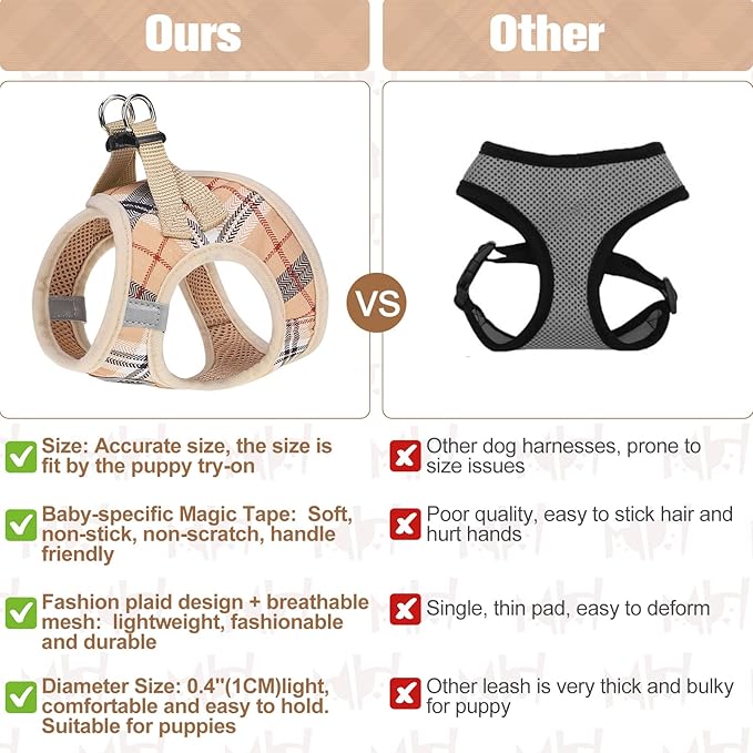 BEAUTYZOO Small Dog Harness and Leash Set,Step in No Choke No Pull Soft Mesh Dog Harnesses Reflective for Extra-Small/Small Medium Puppy Dogs and Cats, Plaid Dog Vest Harness for XS S Pets, Beige L
