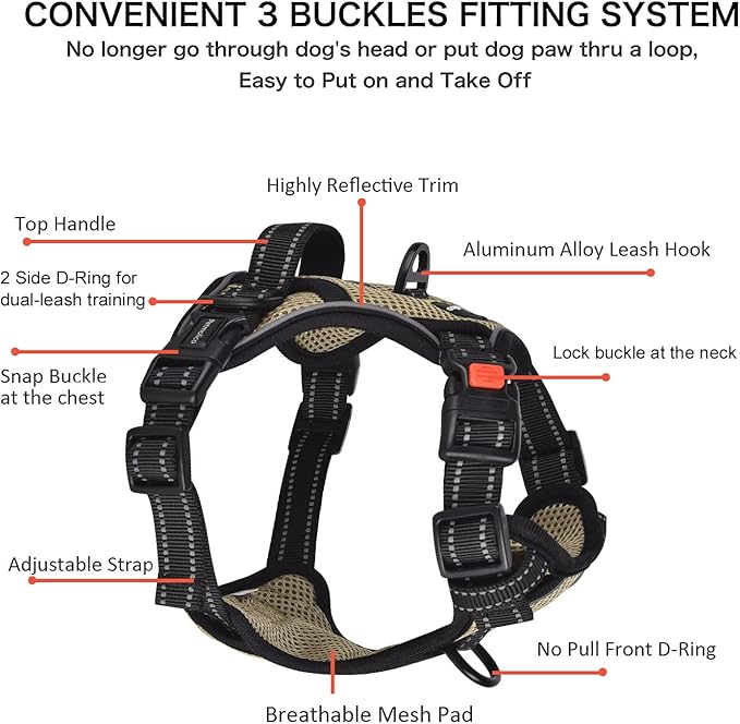 Petmolico No Pull Dog Harness, No Choke 4 Leash Attchments Easy Control Handle Soft Padded Reflective Vest Dog Harness for Leash Set, Army Yellow Medium