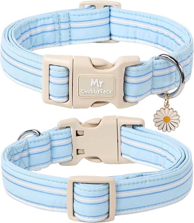 Cotton Dog Collar, Cute Blue Summer Puppy Collar with Plastic Buckle, Adjustable Soft Natural Fabric Pet Collar for Small Medium Large Dogs