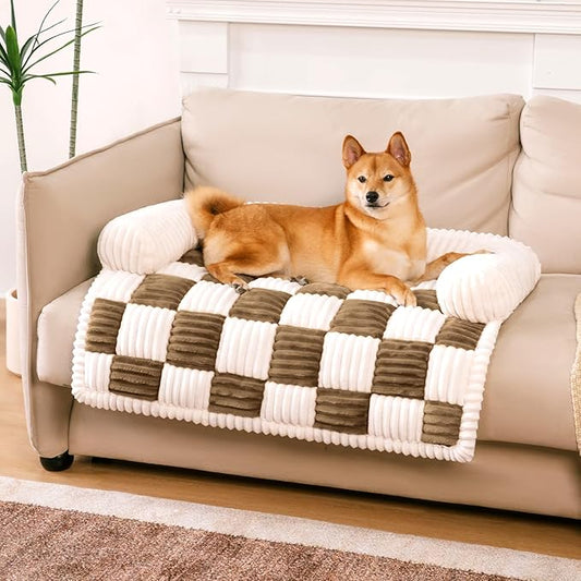 FUNNY FUZZY Couch Covers for Dogs, Pet Couch Covers for Sofa Classic Chessboard Cozy Plush Bed Mat Pet Cover for Couch Furniture Protector, Medium, Light Brown