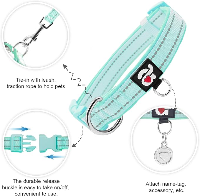 azuza Reflective Dog Collar,Soft Neoprene Padded Pet Collar with ID Tag Ring,Adjustable for Medium Dogs,Teal,M