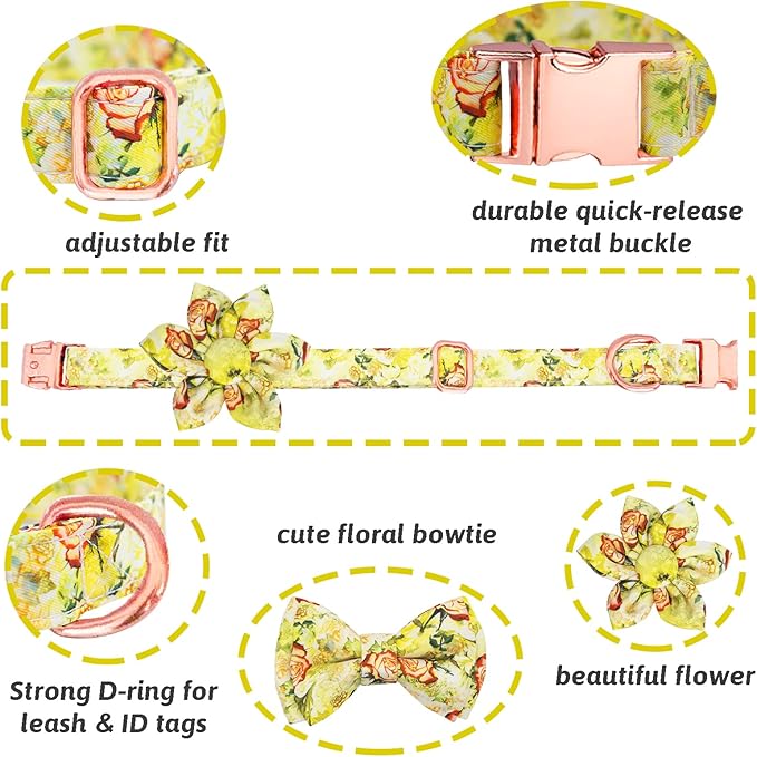 Dog Collar and Leash Set Girls Adjustable Puppy Collars with Floral Bow Tie for Small Medium Large Female Dogs, Yellow Rose, L