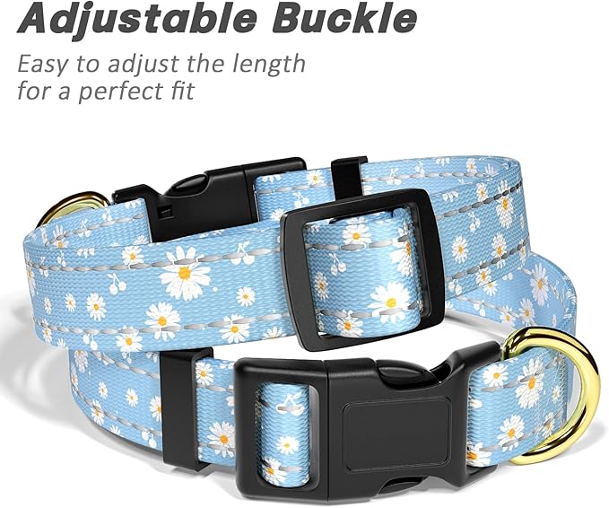 Reflective Dog Collar for Medium Dogs, Cute Daisy Theme Adjustable Heavy-Duty Nylon Puppy Collar for Boy and Girl Female, Soft Pet Accessories with Quick Release Buckle, Neck 14-20", Blue