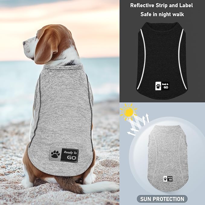 KYEESE 2Pack Dog Shirt for Small Dogs Sports Athletic Breathable Shirts with Reflective Stripe Athletic Tank Top Lightweight Dog Clothes,Grey+Blue,L