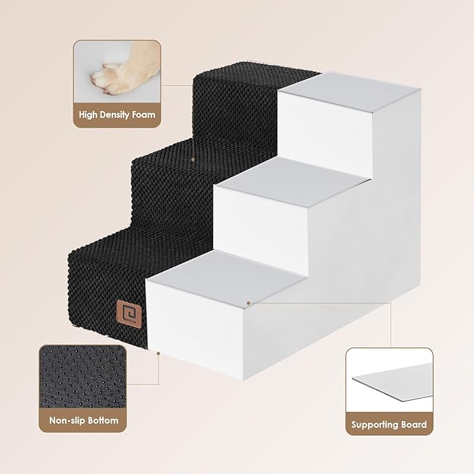 EHEYCIGA Dog Stairs for Small Dogs 13.5" H, 3-Step Dog Steps for Couch Sofa and Chair, Pet Steps for Small Cats, Non-Slip Balanced Pet Ramp Indoor, Black