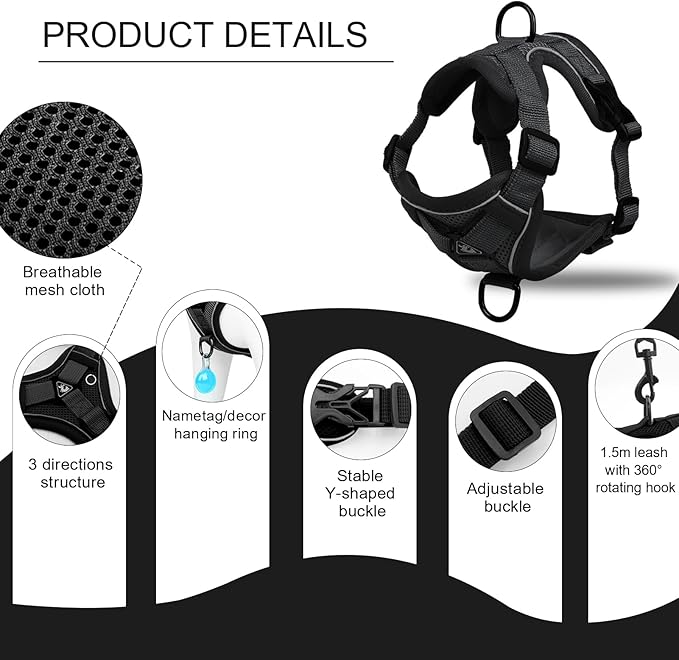 Cat Harness and Leash Set, Cat Escape Proof Adjustable Vest with Lead for Kitten Puppy Walking Outdoor, Soft Breathable Mesh Jacket with Reflective Strips for Dark Night (M, Black)
