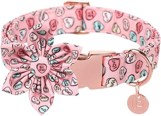 Valentine Dog Collar with Flower, Heart Flower Collar for Puppy Girl Boy Dog or Cat, Comfortable Dog Collar Flower with Durable Metal Buckle, Cute Pet Collar, XS