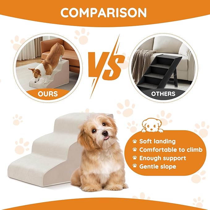 Dogs Steps for Bed, Dog Stairs for Small Dogs, 4-Step Dog Ramp for Bed, Couch, Sofa, and Chairs, Non-Slip Bottom Design, Cat Scratching, High Density Foam Portable Pet Step, Indoor, Beige