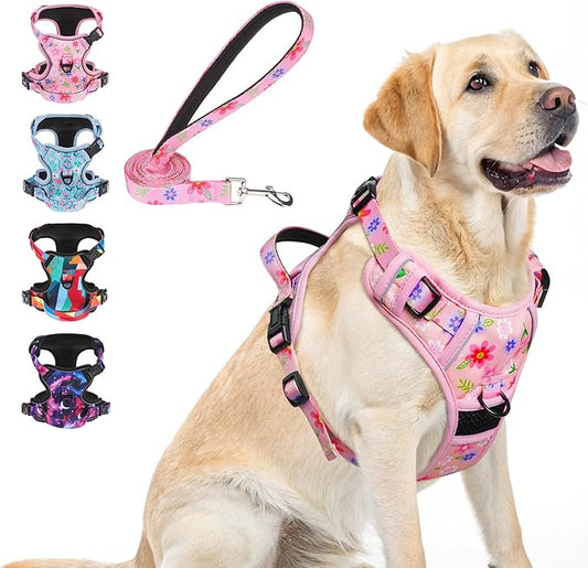 BEAUTYZOO No Pull Dog Harness Large, Adjustable Dog Harness and Leash Set -Easy Wearing with 3 Buckles/Control Handle,No Choke Soft Padded Reflective Pet Vest for Training Walking Hiking,Pink L