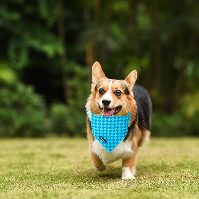 MACA Bates Checkered Blue Dog Grid Bandana Triangle Plaid Scarf Handkerchief Soft Cotton Cute Adjustable Puppy Bandanas Gift for Small Medium Large XL Pets