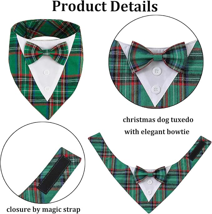 Adjustable Green Plaid Christmas Dog Tuxedo Bandana with Bow Tie - Holiday Pet Outfit Costume for Dogs XS to XL