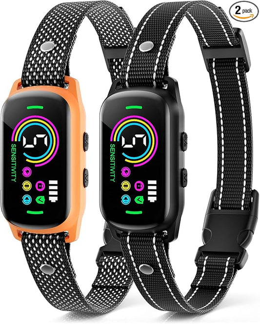 2 Pack Bark Collar, Rechargeable Dog Bark Collar for Large Medium Small Dogs, Smart Training Collar with 5 Adjustable Sensitivity Beep Vibration Harmless Shock, Anti Barking Device for Dogs (Orange)