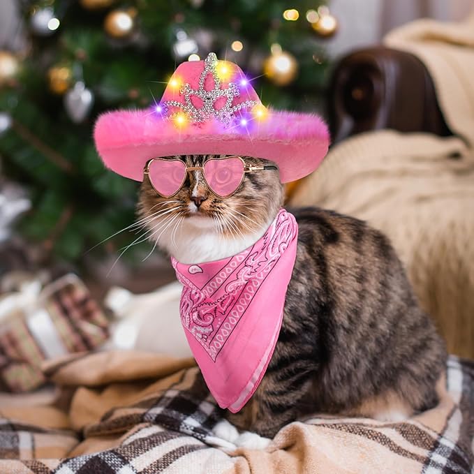 Aliceset 3 Pcs Pet Cowboy Costume Cat Cowboy Accessories Set Neon Sparkly Dog Cowboy Hat Paisley Bandanna Collar and Sunglasses LED Light up Western Small Cat Dog Cowgirl Costume(Pink, Crown)
