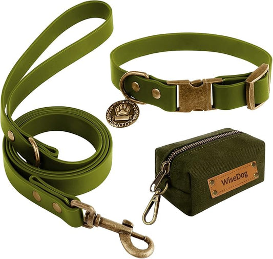 Wisedog Dog Collar and Leash Set Combo: Adjustable Durable Pet Collars with Dog Leashes for Small Medium Large Dogs,Includes One Bonus of Poop Bag Holder (L, Green)