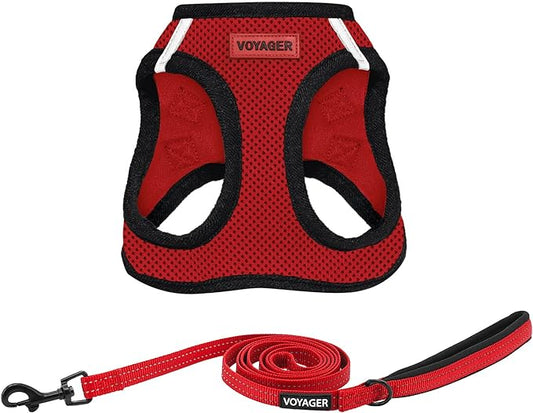Voyager Step-in Air All Weather Mesh Harness and Reflective Dog 5 ft Leash Combo with Neoprene Handle, for Small, Medium and Large Breed Puppies by Best Pet Supplies - Red/Black Trim, Large