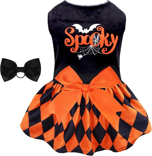 CuteBone Halloween Dog Dresses Velvet Holiday Small Dogs Clothes Onesie Pet Apparel Girl Puppy Skirt with Bow Hair Rope CVA42XS-D