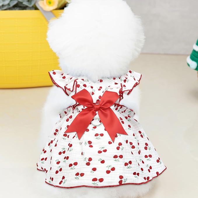 CuteBone Cotton Dog Dress Cherry with Leash Ring & Sleeve Ruffles, Soft & Breathable, Stylish Pet Clothes Outfit for Small Dogs, Comfortable & Easy to Wear CFX01M