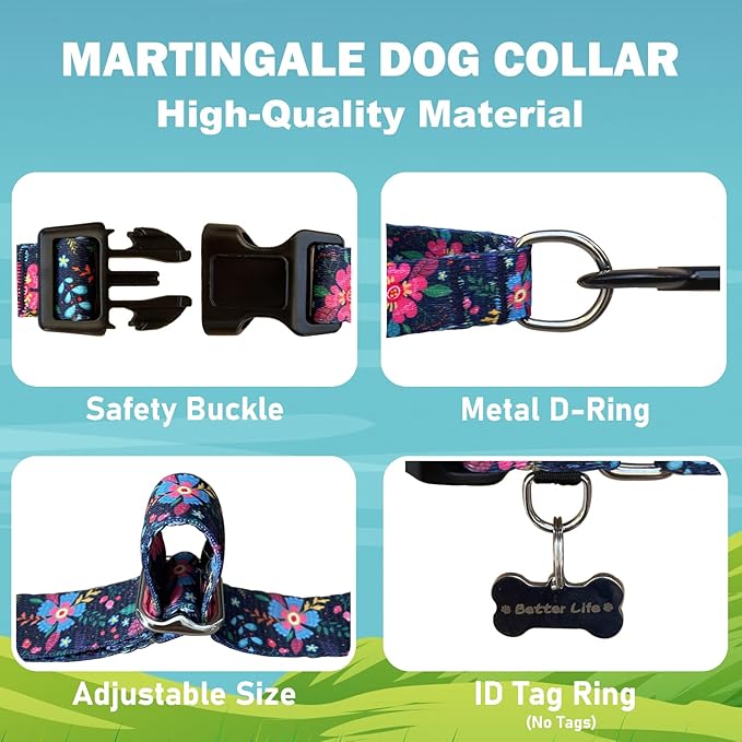 Slip Collar for Dogs Martingale Collar with Buckle Floral Adjustable Soft Nylon Dog Collars (Blue Pink Flower, Large)