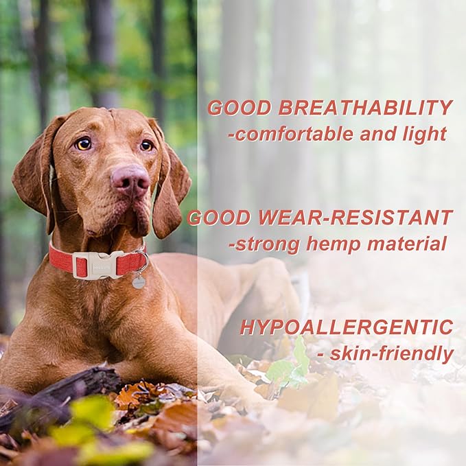 DOGWONG Cotton Hemp Dog Collar, Heavy-Duty Orange Adjustable Soft Natural Fabric Puppy Necklace for Small to Large Dogs