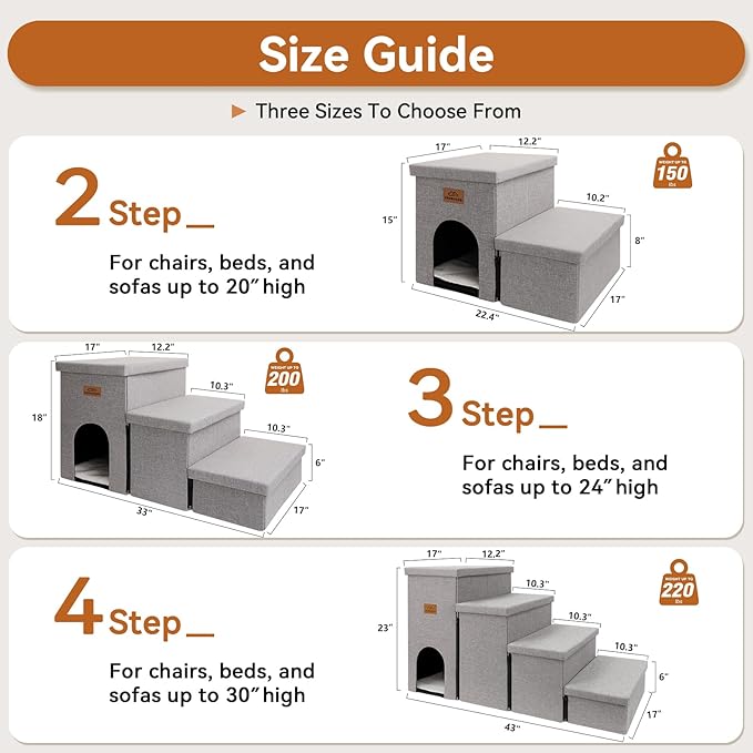 Dog Stairs with Condo 18" H, 3-Step Wider Dog Steps for High Beds Couch, Folding Storage Pet Stairs Gift for Small/Medium/Large Old Dogs Cats, Ramp for Climbing Car Up to 200 lbs, Smok Gray