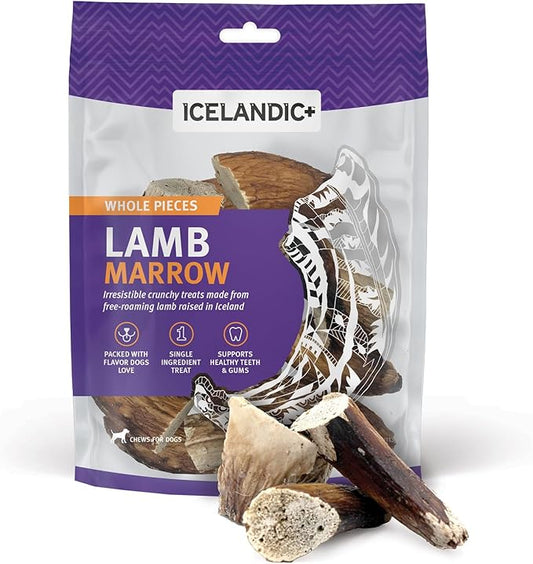 Icelandic+ Lamb Marrow - Whole Pieces - 4oz Bag - 2.5-3" Dog Chews, Long-Lasting Crunchy Treats, Keratin, All-Natural, Pet Snack, Edible & Digestible