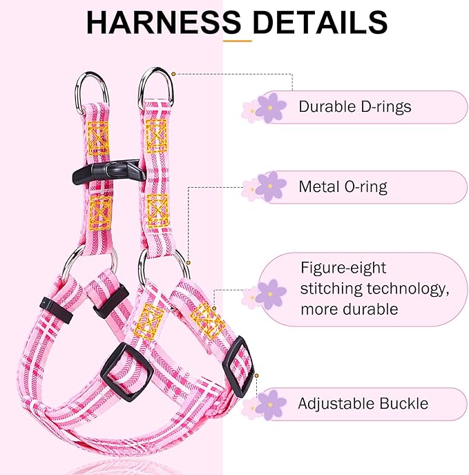 BEAUTYZOO No Pull Dog Harness and Leash Set - Adjustable Step-in Puppy Harness for Small Medium Large Dogs, Escape Proof Soft Nylon Vest with Double D Ring for Walking Running Training, Pink Plaid S