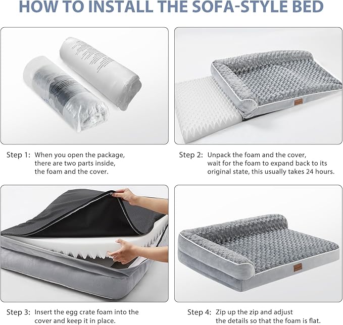 BFPETHOME Orthopedic Dog Bed for Extra Large Dogs - Big Waterproof Sofa Dog Bed with Removable Washable Cover, L-Shaped, Grey