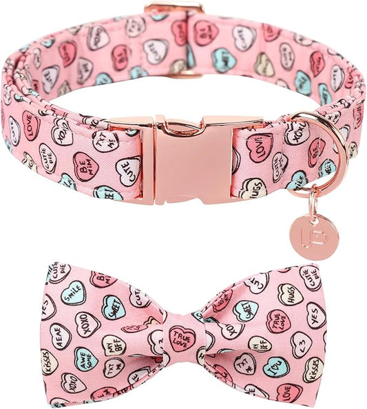 Valentine’s Dog Collar with Bow Tie, Pink Heart Bowtie Collar with Metal Buckle, Valentine’s Gift Pet Collar for Puppy Girl Boy Dog or Cat, Wedding Dog Collar, M