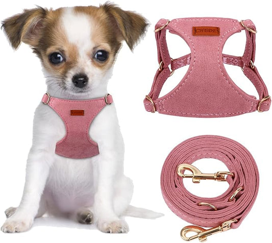 CHEDE No Pull Puppy Harness and Multifunction Dog Leash Set- 8 Colors Soft Adjustable No Choke Escape Proof Cute,Lightweight Pet Vest Harness for Small and Medium Dog (XS, Antique Pink)