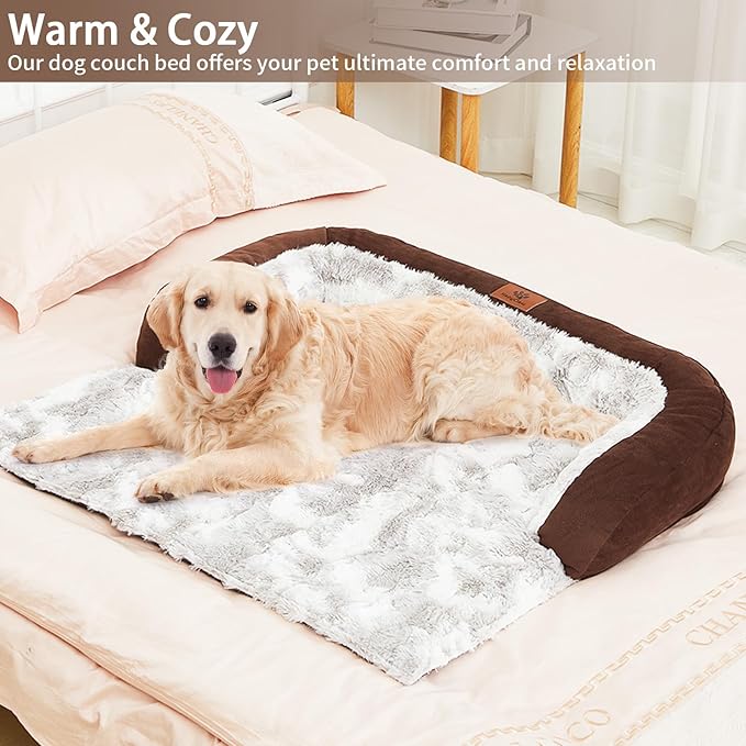 Calming Dog Couch Bed Mat, 41x37 Inch Waterproof Fluffy Sofa Cover, Furniture Protector with Handle, Removable and Washable Pet Bed for Medium Large Dogs and Cats (Brown)