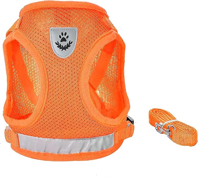 FEimaX Dog Harness and Leash Set for Walking, Soft Mesh Adjustable Easy Control Lightweight Cat Vest Harnesses with Reflective Strips, Escape Proof Small Dogs Cats Vests (Orange, X-Large)