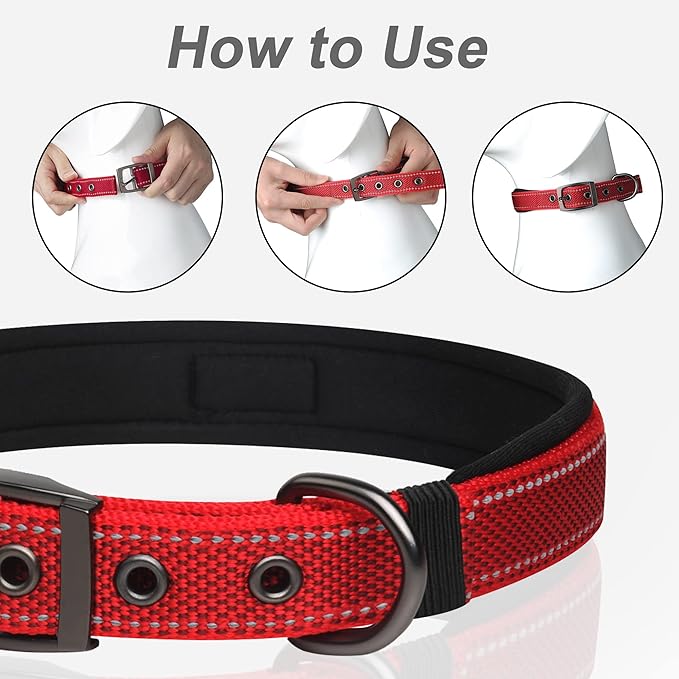 PetiFine Neoprene Padded Dog Collar, Heavy Duty Comfort Dog Collar with Durable Metal Buckle, Reflective Adjustable Belt Buckle Dog Collars for Small Medium Large Dogs(19''-23'', Red)