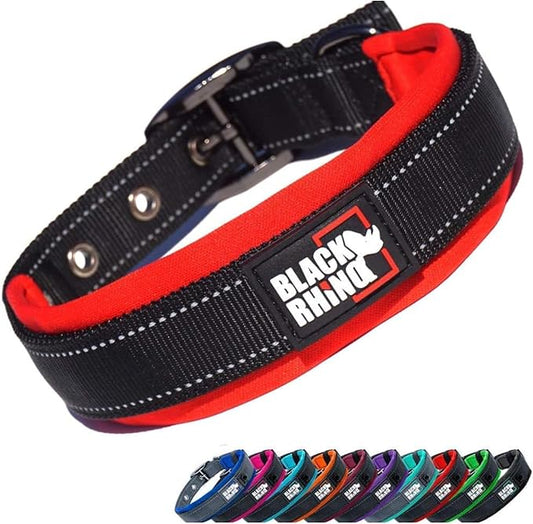 Black Rhino Dog Collars for Medium Dogs - Adjustable Reflective Heavy Duty Dog Collar with Ultra-Soft Neoprene Padding - Weatherproof, Durable, and Comfortable - Ideal for Active Dogs - Red and Black