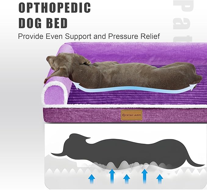 Patas Lague Orthopedic XL Dog Bed for Large Dogs 42''X28'', Waterproof Comfortable L Shaped Big Large Non-Slip Soft Warm Pet Sofa Sleep Bed mat with Removable Washable Cover, Purple