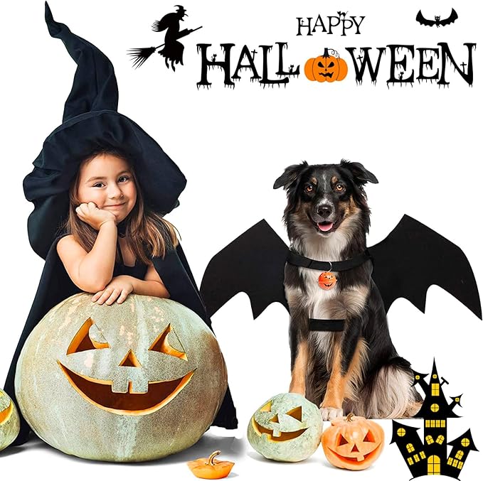 Dog Bat Wings Costume Halloween Pet Costume 3PCS Funny Cat Dog Wings with Leash Pumpkin Jingle Bell Cosplay Bat Clothes for Small Medium Large Dogs Puppy Holiday Outfit Dress (Bat Wings, Large)