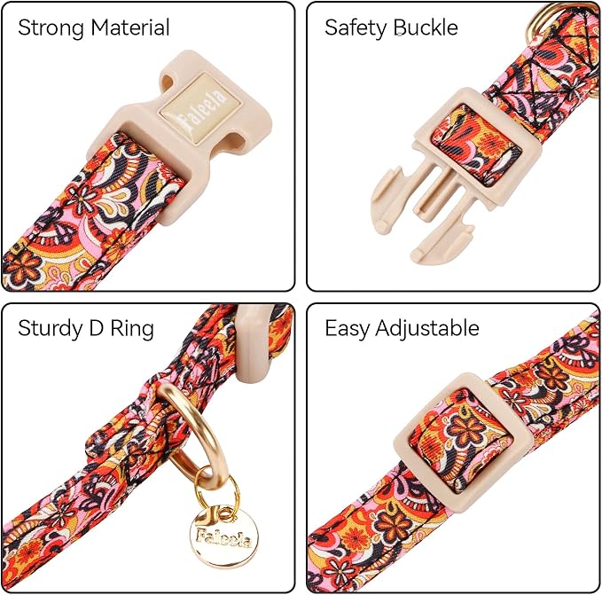 Faleela Dog Collar - Cute & Comfy Cotton Pet Collar, Adjustable Lightweight Design with Quick-Release Buckle, for Small, Medium & Large Dogs - Multiple Styles Available (Colorful Flowers, Medium)