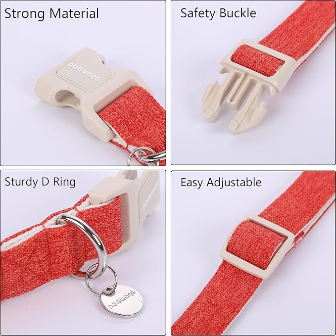 DOGWONG Cotton Hemp Dog Collar, Heavy-Duty Orange Adjustable Soft Natural Fabric Puppy Necklace for Small to Large Dogs