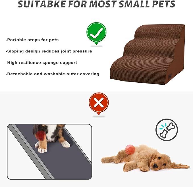 3-Step Dog Ramp and Stairs for Sofa and Chair - Non-Slip Sturdy Pet Steps for Small Dogs and Cats,15.7" H,Brown