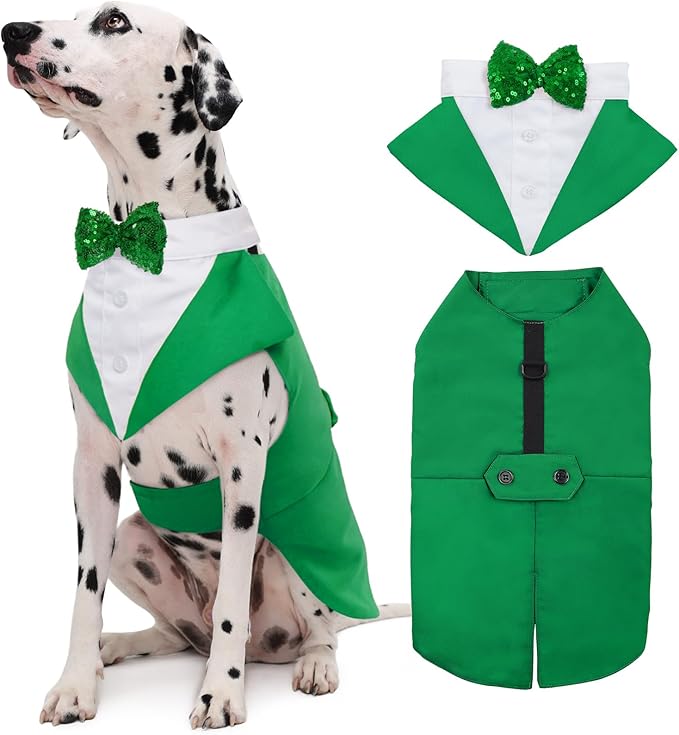 Kuoser St. Patrick's Day Tuxedo Suit and Bandana Set, Wedding Party Suit, Prince Bow Tie Shirt Formal Attire for Large and Medium Dogs, Golden Retriever Samo Bulldogs
