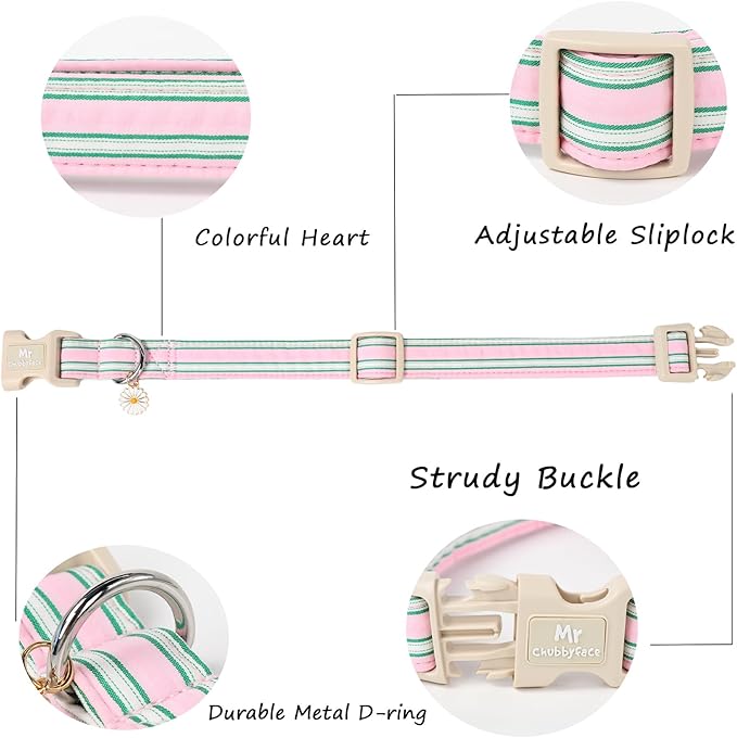 Cotton Dog Collar, Cute Pink Summer Puppy Collar with Plastic Buckle, Adjustable Soft Natural Fabric Pet Collar for Small Medium Large Dogs