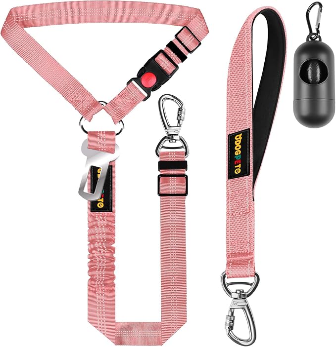 Dog Seat Belt Harness for Car, Dog Car Leash with Car Headrest & Buckle, Reflective Short Dog Leash, Pet 15 Inch Heavy Duty Leash for Dogs with Padded Handle & Locking Carabiner Clip, Pink