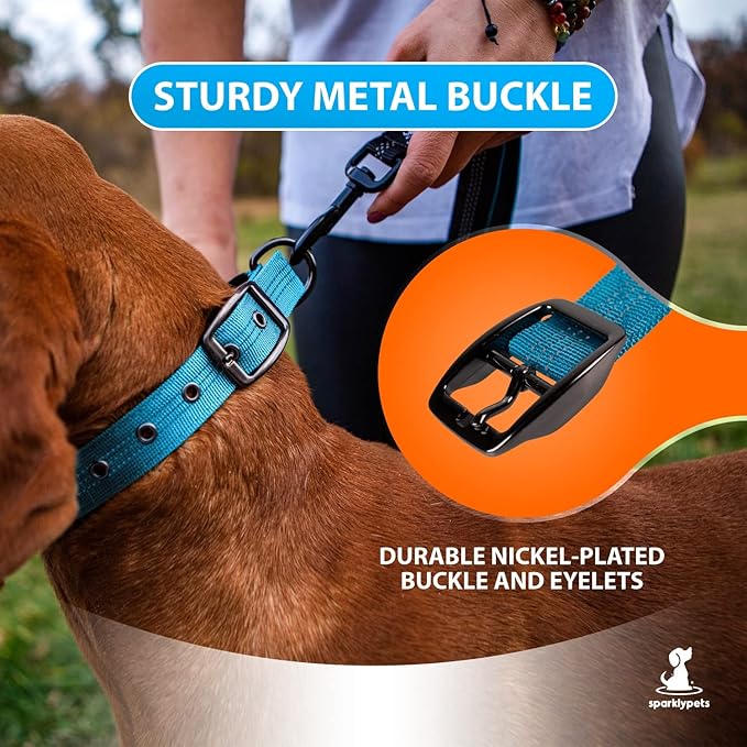 SparklyPets Heavy Duty Dog Collar with Handle for Medium and Large Dogs – Professional Collar with Reflective Stitches, Soft Handle & Nickel-Plated Buckle (Medium (14,5"~18,5"), Blue)