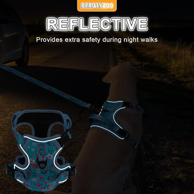 BEAUTYZOO No Pull Dog Harness Large, Adjustable Dog Harness and Leash Set -Easy Wearing with 3 Buckles/Control Handle,No Choke Soft Padded Reflective Pet Vest for Training Walking Hiking,Blue L